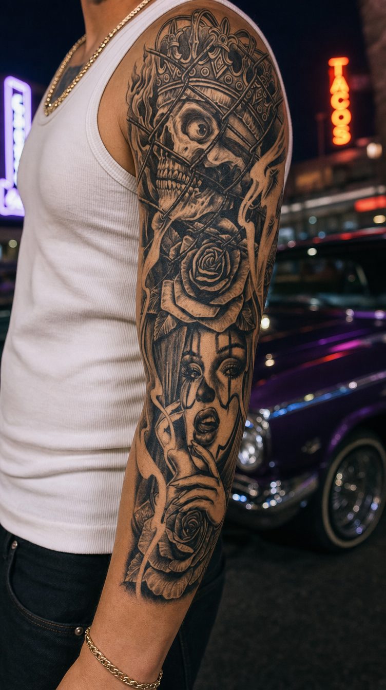 Tatuaj temporar Frumusetea Intunecata, craniu cu coroană, aplicat pe piele
