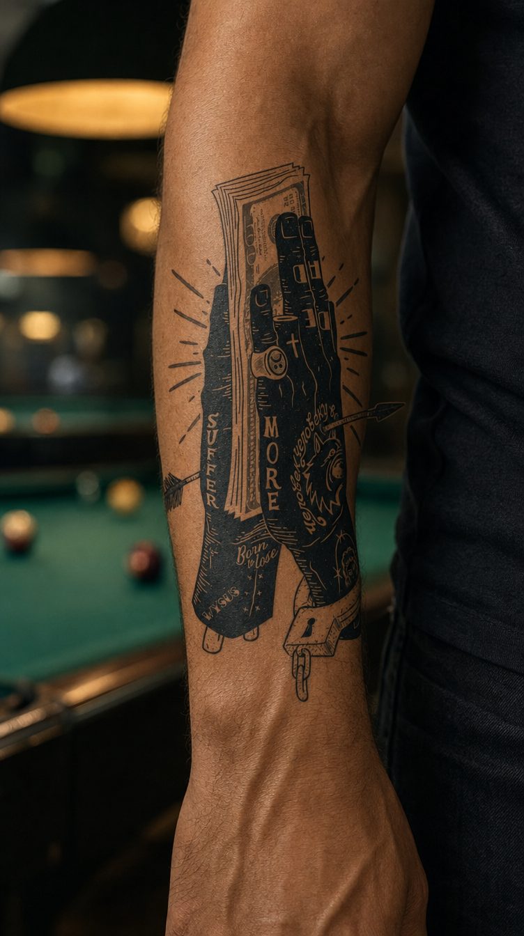Motivul de tatuaj Prețul Succesului pe antebraț, potrivit pentru lookul de gangster din anii 1920