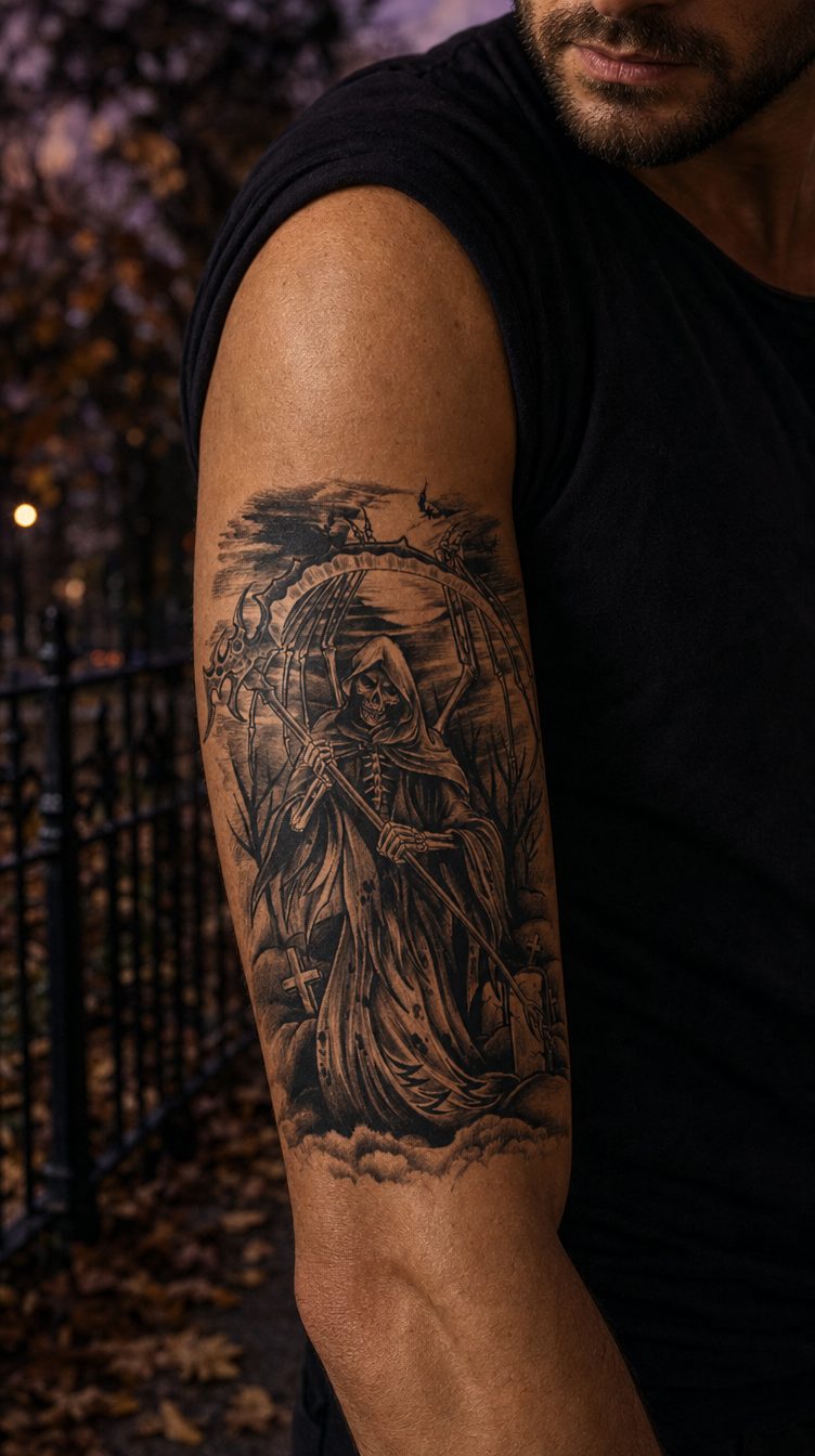 Un schelet cu coasă într-o scenă de cimitir, sub un cer întunecat, ca model de tatuaj temporar cu simbolistica clasică a morții
