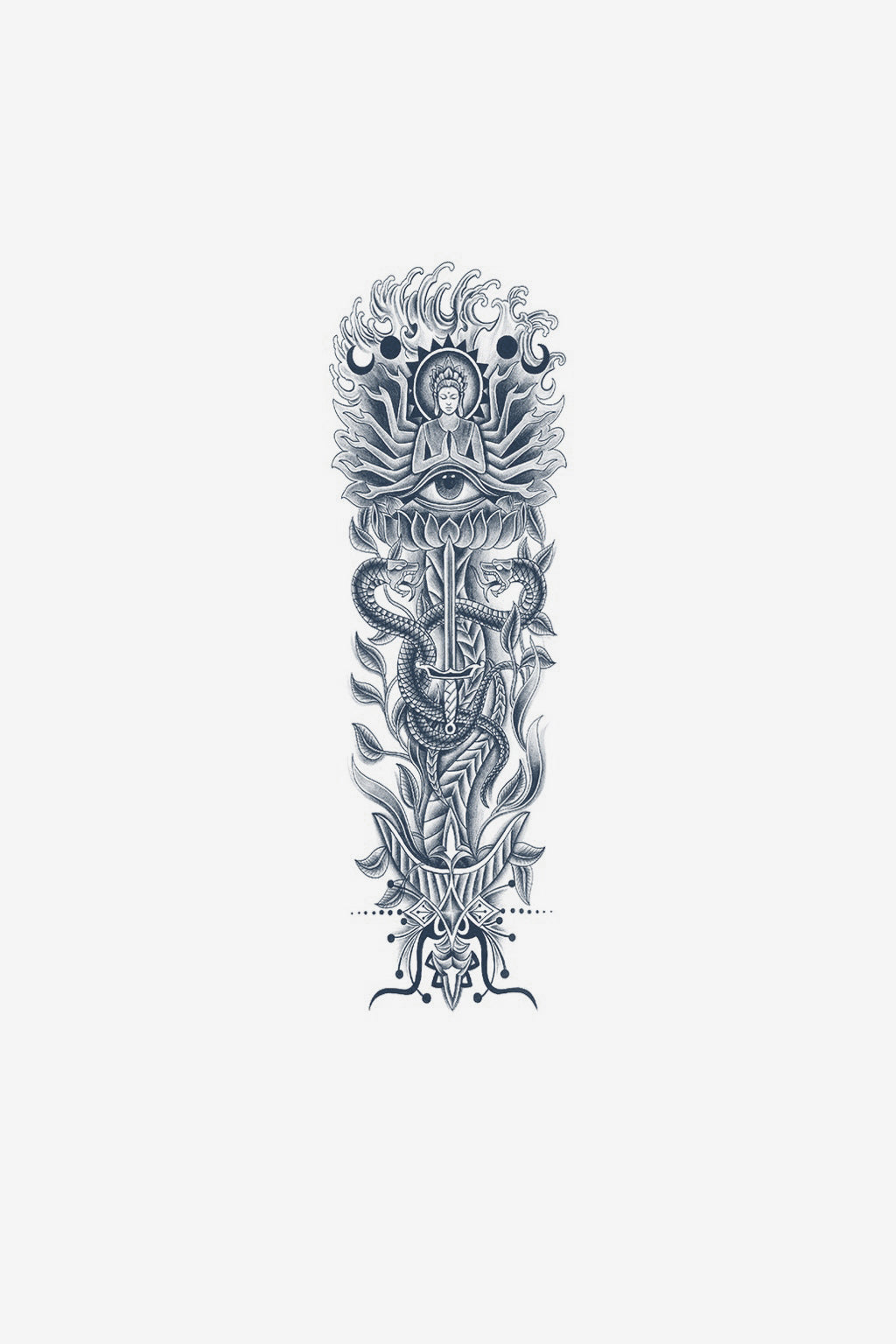 Tatuaj temporar Buddha în meditație, cu brațe multiplicate, model ilustrativ InkLabs