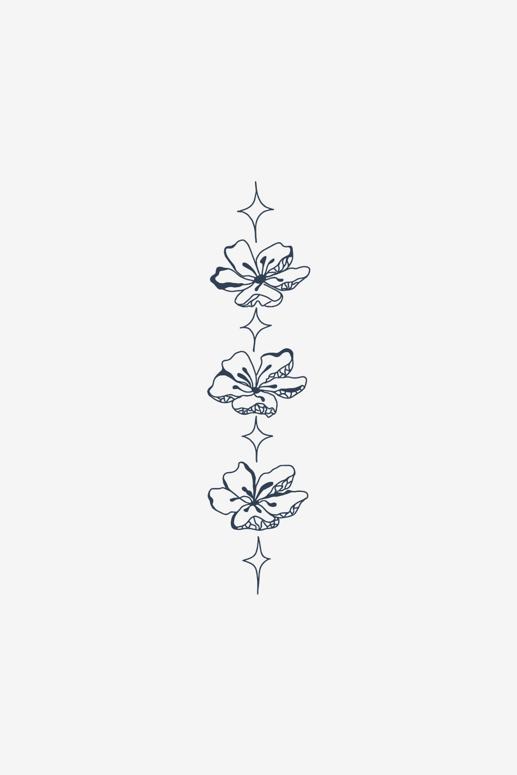 Design temporar Constelație, cu flori de cireș minimaliste alternate cu scântei, aplicat vertical pe piele