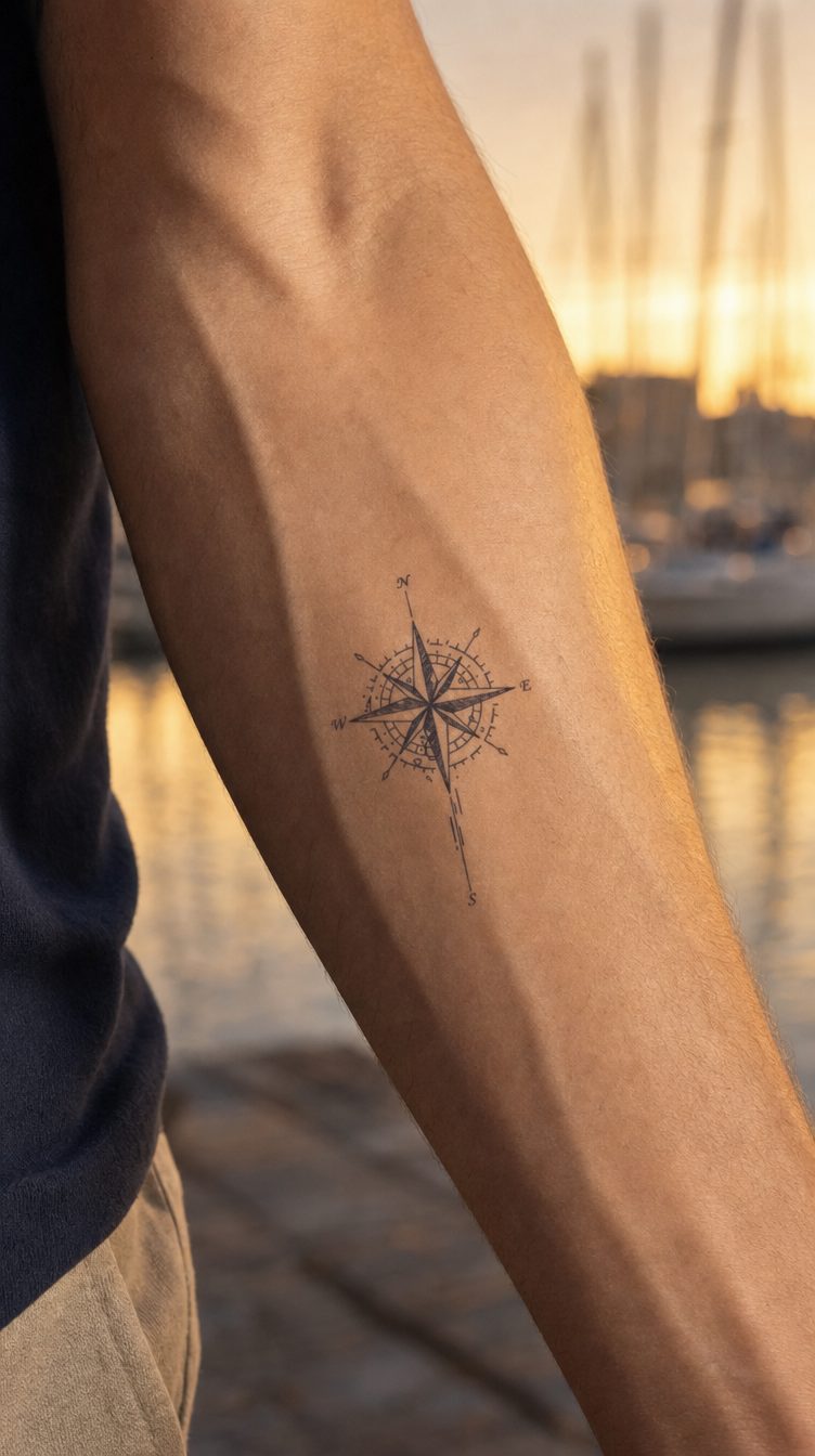 Model de tatuaj temporar cu busola Orientare, aplicat pe piele
