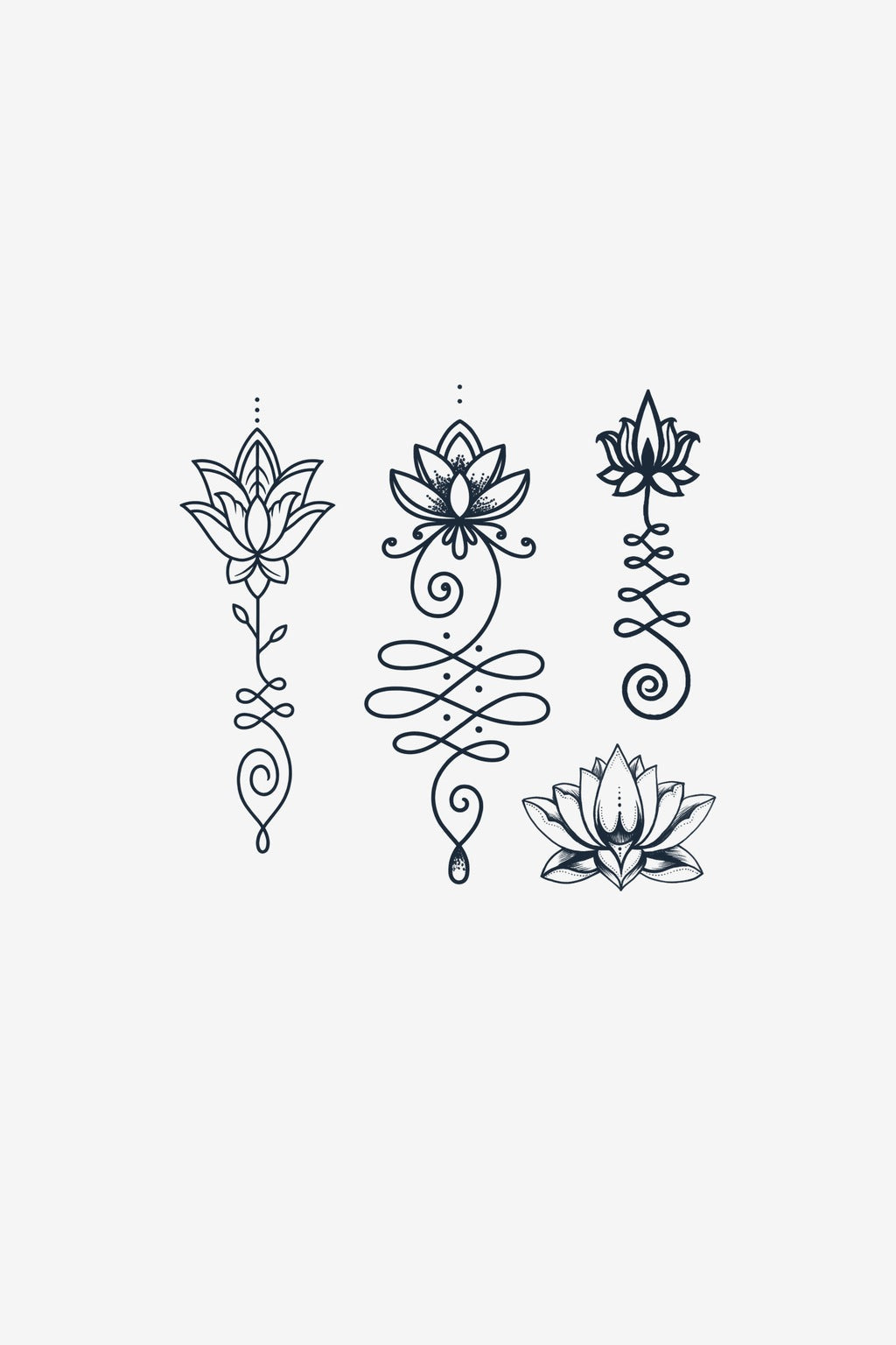 Set Unalome - planșă cu patru modele de lotus și unalome, tatuaj temporar Inklabs