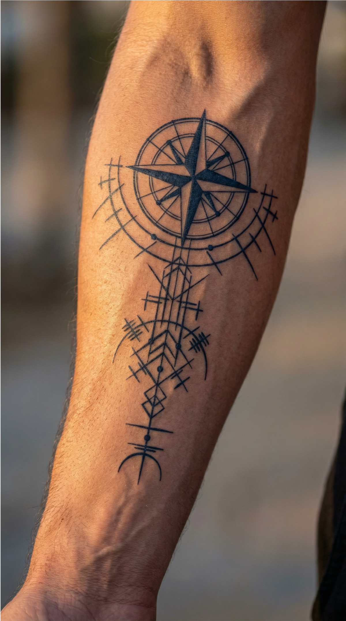 Tatuaj temporar cu design de busolă, aplicat pe piele