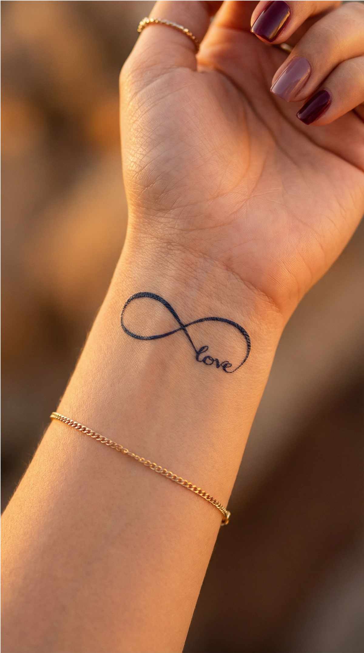Model temporar Infinit, cu linie fină, aplicat pe încheietură lângă o brățară