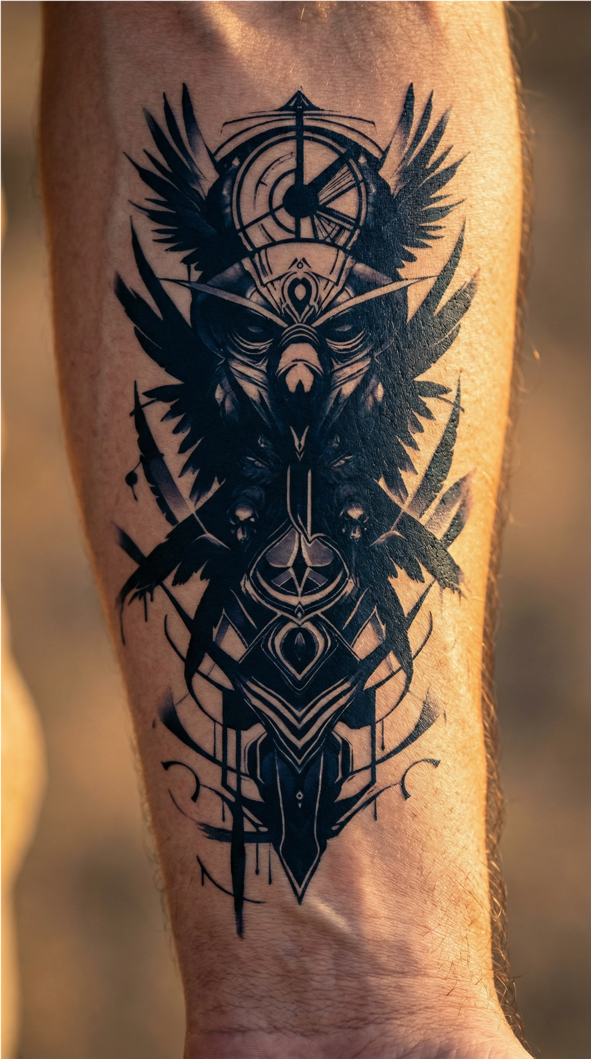 Tatuaj semipermanent Totem cu linii fine de contur, aplicat pe piele netedă