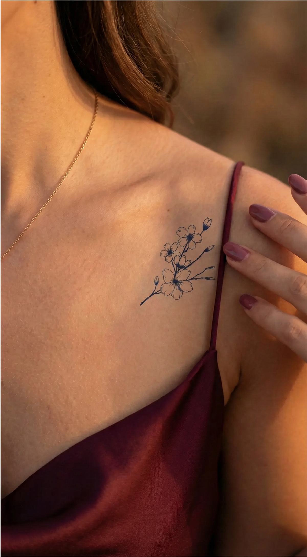 Tatuaj fine line cu motiv de ramură de cireș înflorit, redată prin linii subțiri